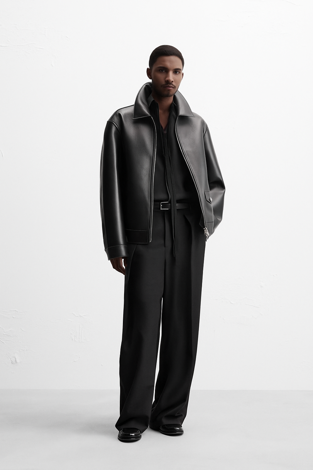 Men black leather shacket