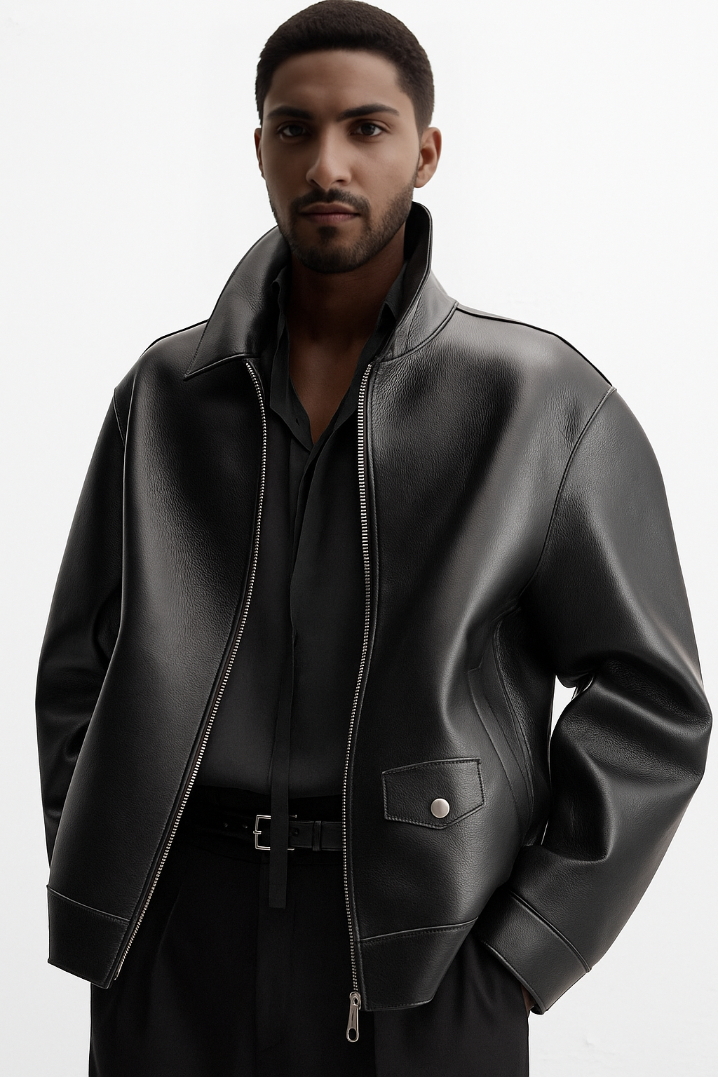 Men black leather shacket