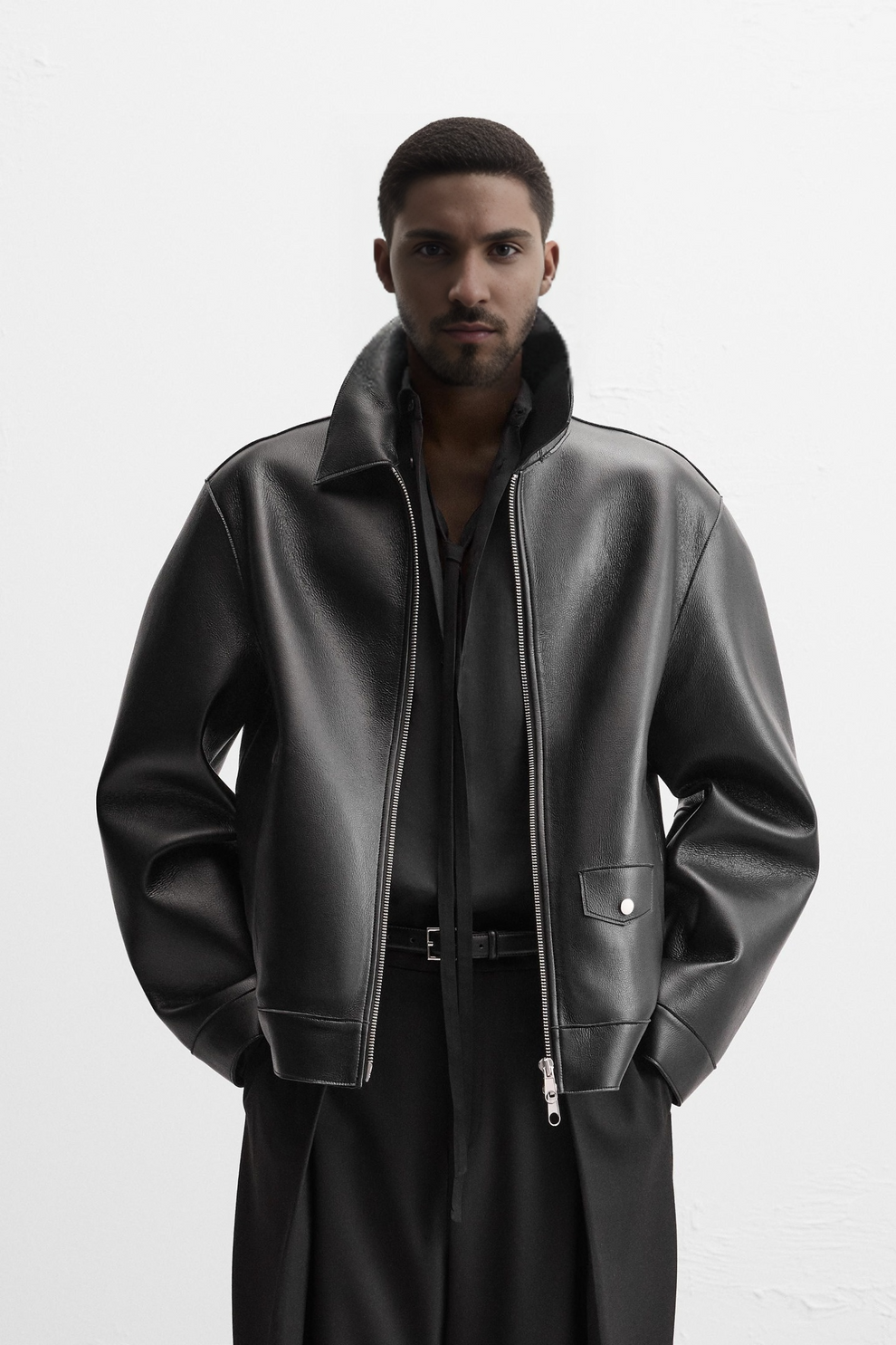 Men black leather shacket