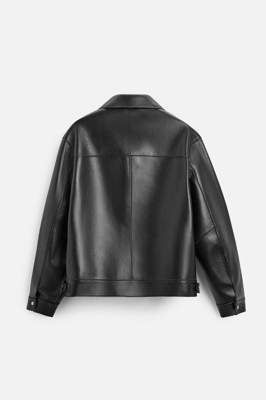 Men black leather shacket
