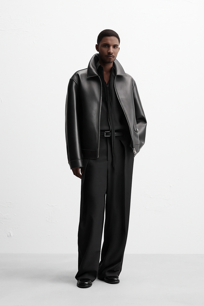 Men black leather shacket