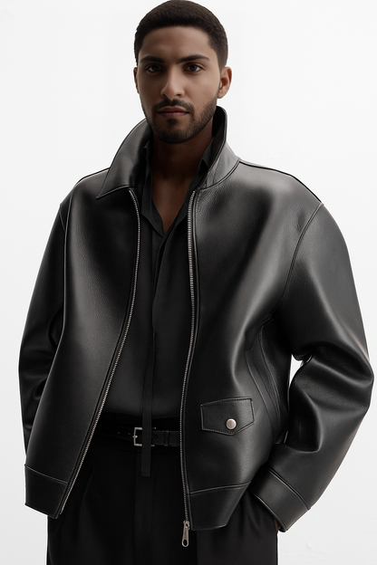 Men black leather shacket